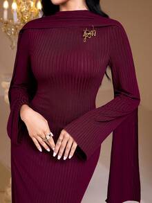Veilorie Women's Elegant Party Bell Sleeve Fitted Dress Knit Maxi Wine Red Dress Modest Two Piece Set Knit Maxi Dress