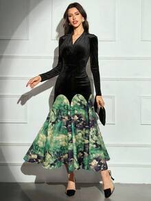 Modelyn 女士优雅印花V领鱼尾下摆修身韩版丝绒连衣裙长款晚礼服 - 綠色 - 查看 3