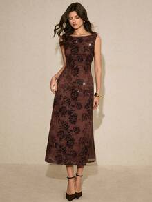 Poéselle 女士优雅派对纯色提花露背无袖连衣裙 - 咖啡棕 - 查看 5