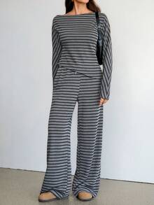 SHEIN Tall 2026 新款极简主义秋季女装条纹不对称肩部上衣和裤子两件套，露肩连体裤，条纹套装，长袖连体裤，适合外出穿搭、街头风和斯德哥尔摩风格，舒适的秋冬两季女装，条纹休闲套装，家居服 - 黑色 - 查看 10
