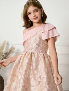 Tween Girls'Elegant Pink Summer Jacquard Satin Layered Party Dress,Embroidered Asymmetric Strap Short Fitted Formal Dress For Wedding,Prom,Graduation - Pink - View 6
