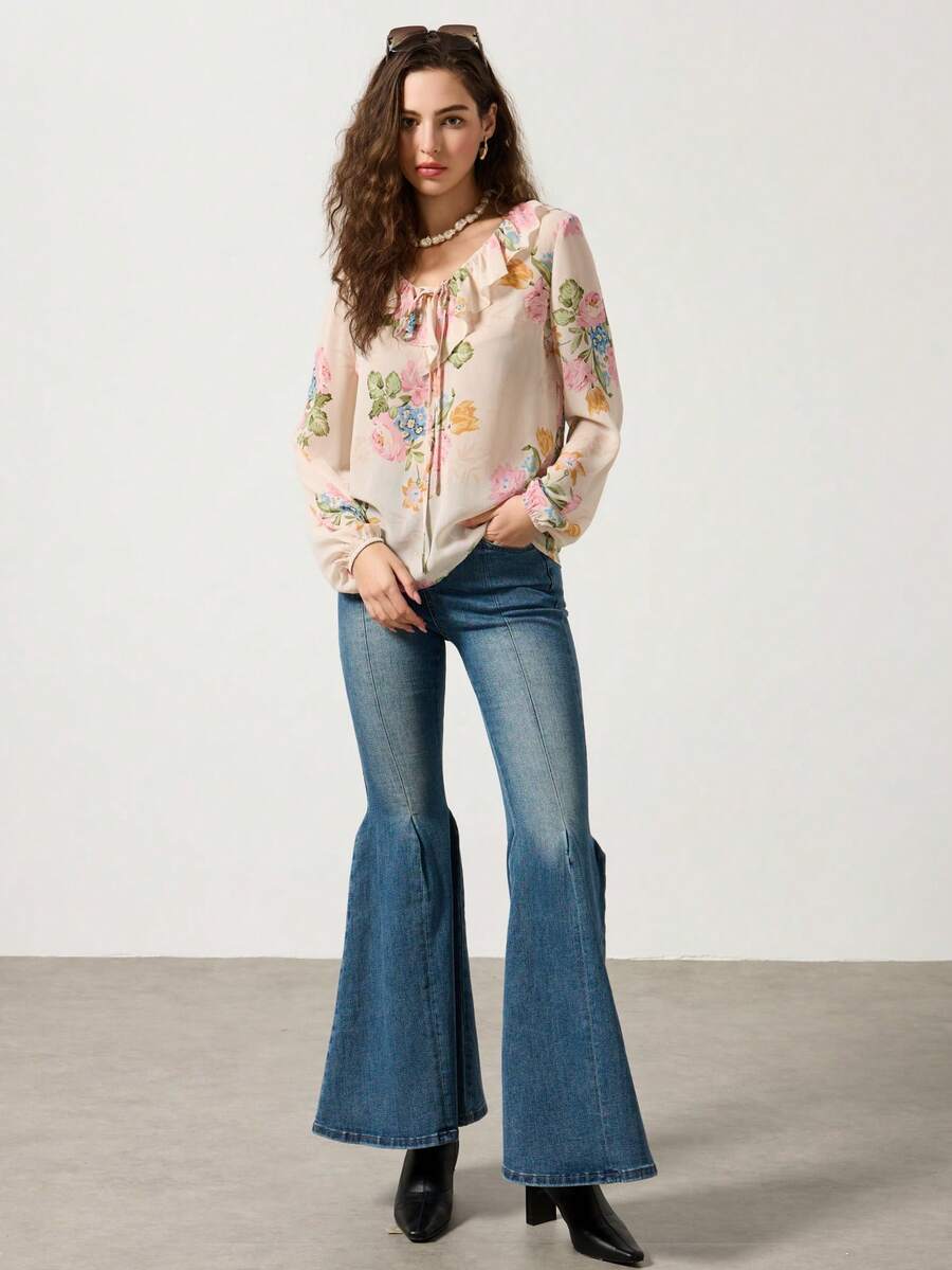 Cévolie Women's Elegant Floral Print Pink Ruffle Hem Comfortable Blouse - Pink - View 1