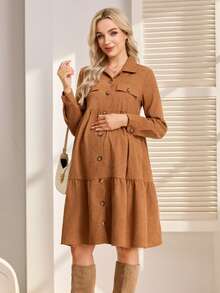 SHEIN Vestido de manga larga con botones frontales, volantes en el bajo y unicolor para embarazadas, para uso casual y de oficina - Marrón - Ver 5