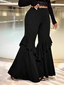 Cravure 大码复古摇滚风高腰荷叶边夸张喇叭裤 - 黑色 - 查看 2