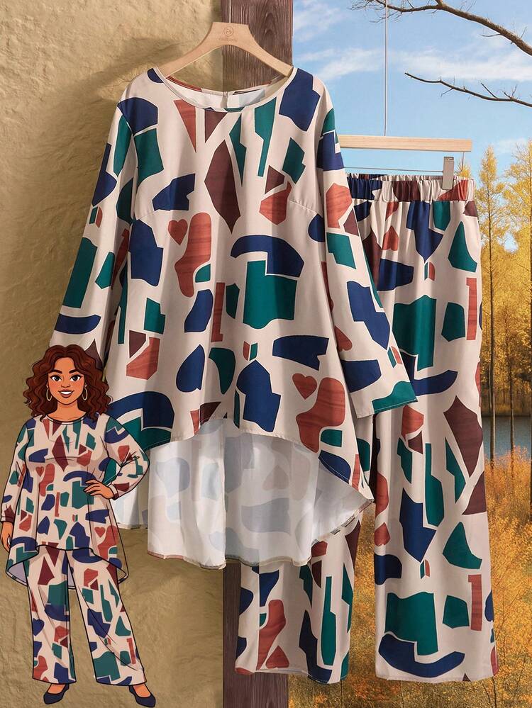 2pcs Plus Size Women Winter /Fall  Casual Winter Casual Vacation Country Geometric Print Round Neck Long Sleeve Asymmetric Hem Shorter In Front And Longer In Back Blouse Shirt Top And Pants, Casual, Winter Set,Autumn/Winter,Going Out Outfits,2025 New Clothes,Simple And Fashionable For Everyday Wear, Plus Size Winter Clothes,Christmas Outfit For Women ,New Year Clothes,Thanksgiving Outfit For Women