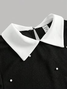 SHEIN Girlism Teenager Mädchen Geripptes Kontrast-Farbe Nieten Kragen Kurzarm Lässig Figurbetontes T-Shirt - Schwarz und Weiss - Übersicht 3