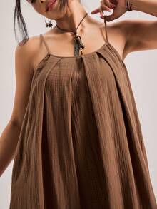 Freevana 大码纯色口袋休闲百搭吊带连衣裙 - 駝色 - 查看 3