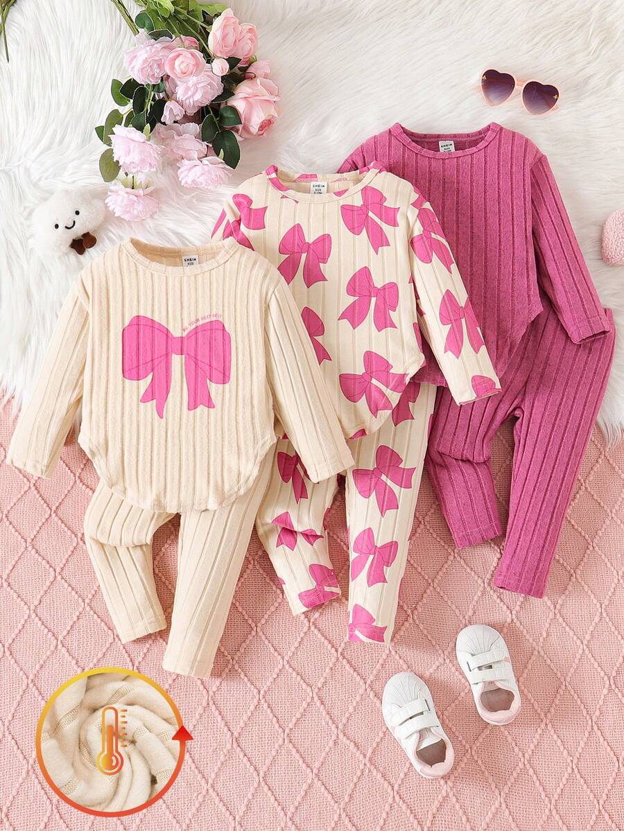 SHEIN Set de 6 topuri cu imprimeu fluturi și tiv curbat + pantaloni imprimați în culori solide, ținută drăguță, casual, versatilă, pentru toamnă - Roz - Vizualizare 1