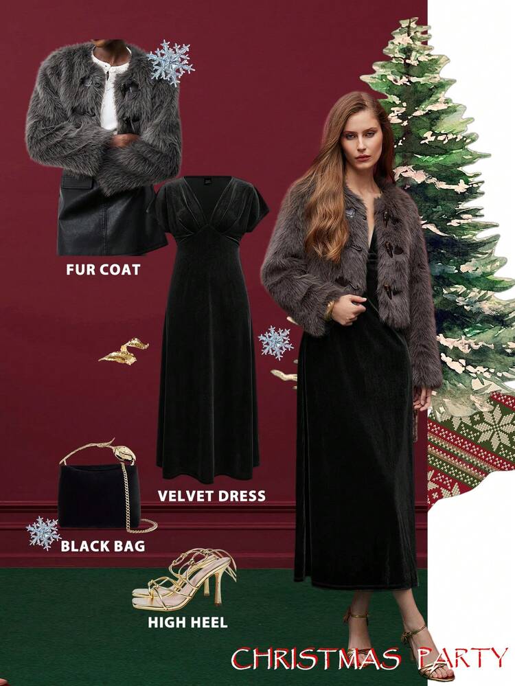 SHEIN Maija Velvet V-Neck Waist Fit And Flare Dress Suitable For Urban Commute Black Tie Elegant Dresses For Party Dresses For Women