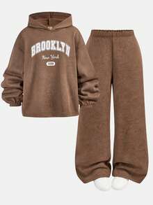 Girlism Teen Girl Letter Print Hooded Sweatshirt And Sweatpants Casual Suit, Brown - Brown - View 12