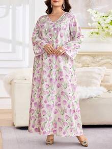 Al Najma Robe maxi élégante à imprimé floral, col en V, manches évasées, ornée de strass, style resort, grande taille - Prune - Voir 3