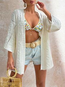 SHEIN Crochet Knit Open Front Long Sleeve Hollow Out Kimono Cardigan With Textured Pattern And Relaxed Fit For Women - Apricot - View 5