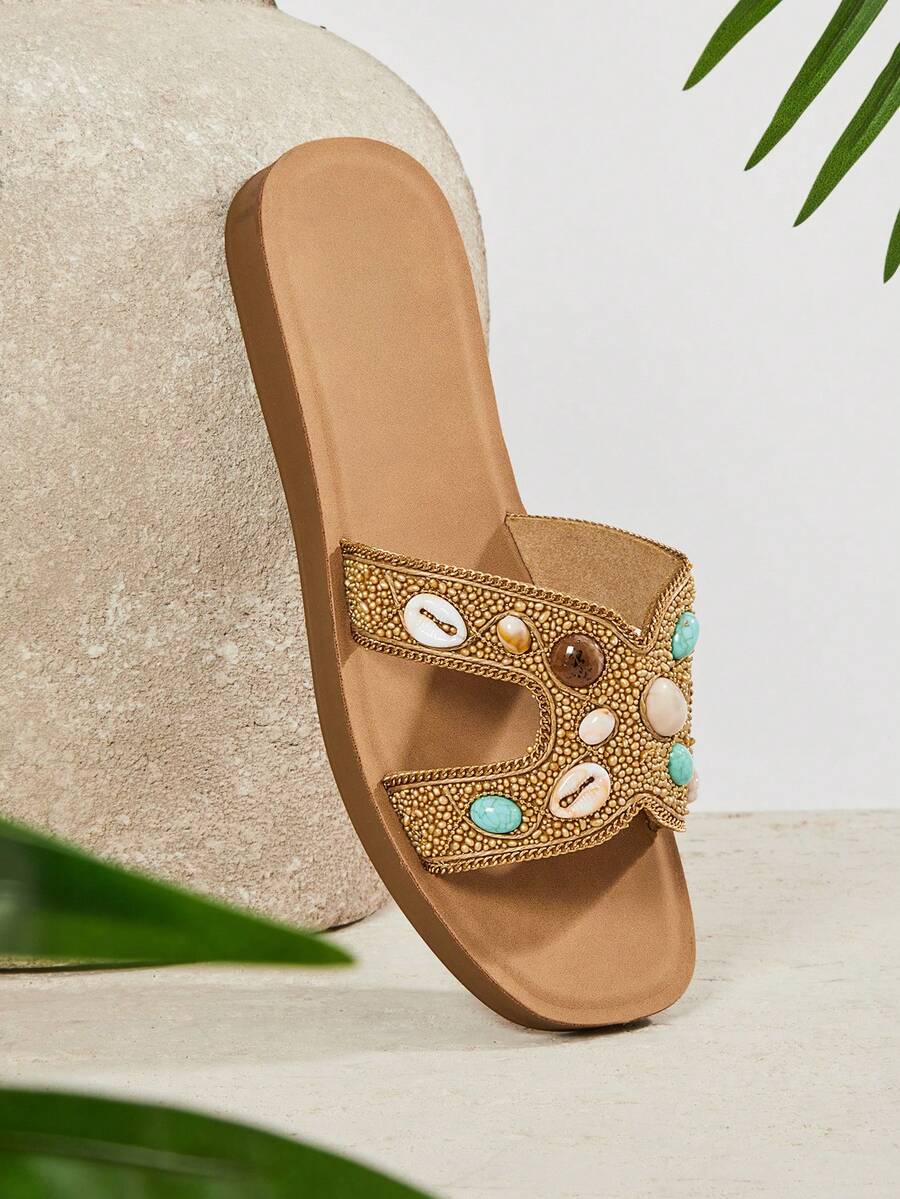 SHUZIA #BohoGlam Women's Shell & Gem Embellished Champagne Slide Sandals – Vacation Ready, Beach Ready & Effortlessly Luxe. - Champagne - View 1