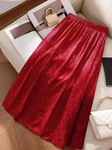 GlowEve CURVE Váy xếp ly chữ A cạp cao màu đỏ phong cách Trung Hoa mới cho nữ cỡ lớn, váy ngày lễ tình nhân và năm mới - Đỏ - Xem 2