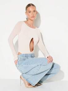 KIZN Women's Long Sleeve Cutout Bodysuit With Oval Chest Opening Crew Neck Fitted Silhouette Top - Apricot - View 3