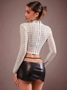Hauture Going Out Rhinestone Embellished Long Sleeve T-Shirts - White - View 4