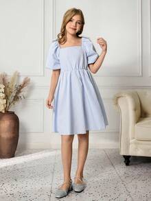 Girls' Square Neck Puff Sleeve A-Line Dress With Bowknot Decor, Textured Fabric, Elegant & For Christmas Party
