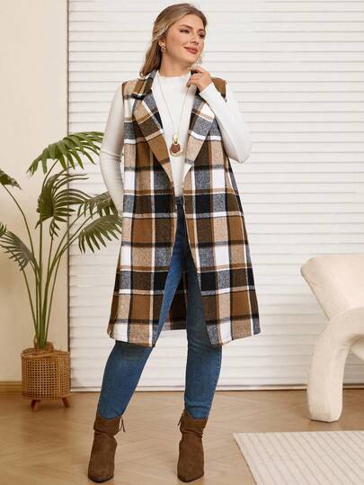 Rosumi 大码格子无袖外套，秋冬时尚