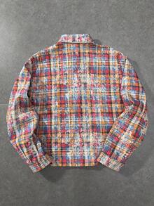 ROMWE MEN Spring/Summer Casual Graphic Red Men'S Casual Plaid Denim Jacket, Autumn - Black - View 2