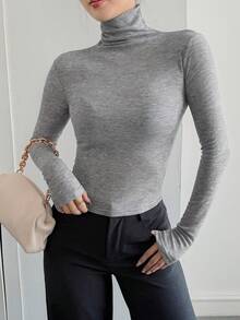 DAZY Women's Semi-Sheer Stand Collar Fitted Short Sleeve Casual T-Shirt - Grey - View 5