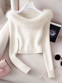 GlowEve CURVE Plus Size Casual Solid Color Long Sleeve Knit Sweater Top - White - View 1