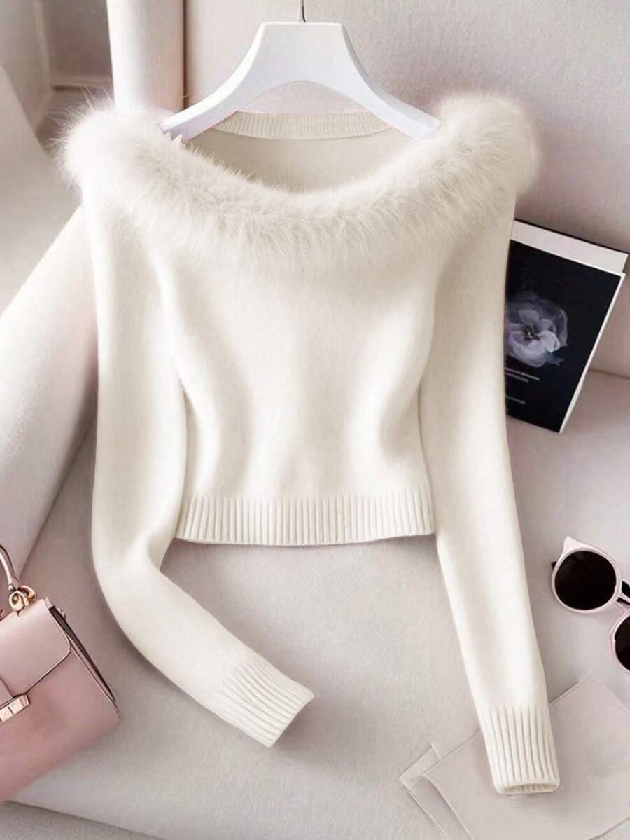 GlowEve CURVE Plus Size Casual Solid Color Long Sleeve Knit Sweater Top - White - View 1