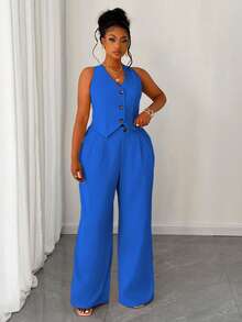 Maweii Conjunto de 2 piezas de chaleco corto y pantalón de pierna ancha de unicolor para mujer de talla grande - Neblina azul - Ver 3