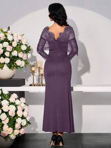 Modelyn Women's Lace Patchwork Asymmetrical Sleeve Long Dress - Purple - View 2