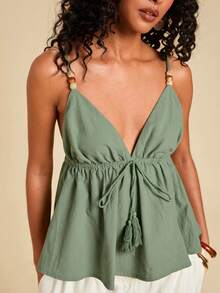 Travachic Beaded Knotted Casual Vacation Backless Camisole, Carnival,Spring Break Outfits, Summer Outfits, Valentine's Day, Beach Outfits, Casual Vacation Outfits, Going Out Outfits - Green - View 3