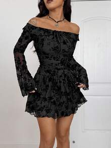 Coolane Women's Fall/Winter All-Season Y2K Goth Chic Rave Outfit Break Outfits Lace Stretchy Comfortable Halloween Outfits Textured Bell Sleeves Black Mini Dress - Black - View 1