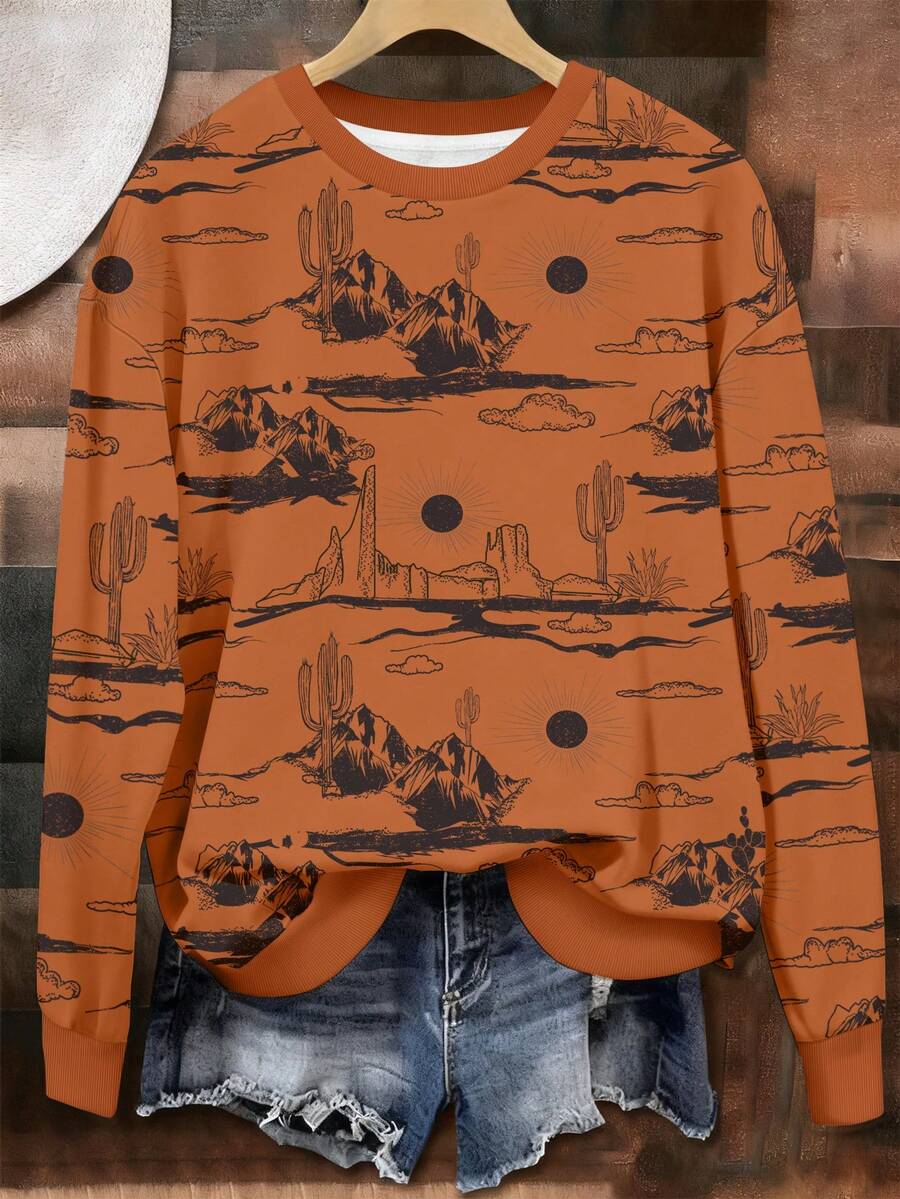 SHEIN LUNE 热销款式,复古西式沙漠仙人掌山图案女士圆领卫衣,适合日常逛街约会通勤,时尚保暖,秋冬必备 - 彩色 - 查看 1