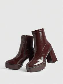 SHEIN X Lucía Bellido Sugerpunk Women's Fashion Versatile Commuting Thick Sole Chunky High Heel Ankle Boots - Mocha Brown - View 4