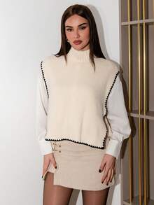 Bris Aura Women's Autumn Casual Color Block Trim Side Slit Tie-Up Sweater Vest, Women's Solid Coloured Stand Collar Side Slit Hem Casual Knitted Vest,Loose Fit Casual Side Tie Sweater Vest For Autumn/Winter,Colorblock - Apricot - View 1