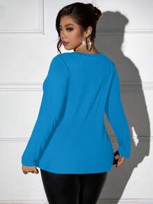 SHEIN Clasi CURVE 春季大码纯色V领长袖休闲T恤 - 藍色 - 查看 2