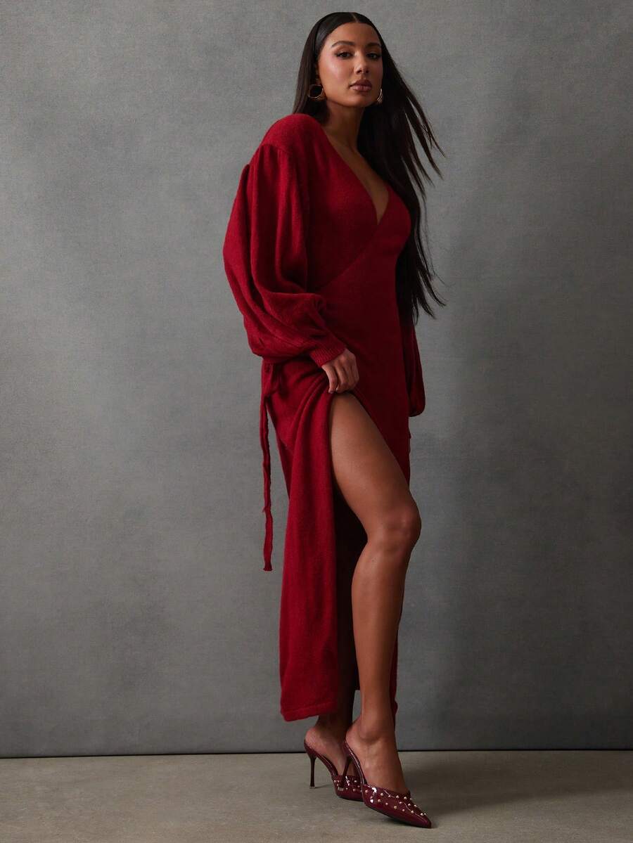 NYA SZN 长袖灯笼V领宽松裹身连衣裙 红色 节日庆典 冬春圣诞新年除夕光明节派对活动 奢华优雅端庄针织长款连衣裙 女士 - 紅色 - 查看 1