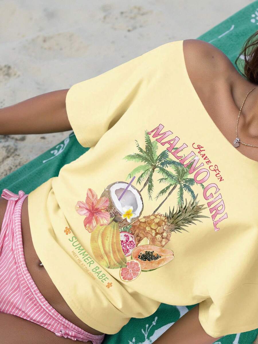 INAWLY 女士水果和椰子图案宽肩T恤，奶油色不对称领口上衣，适合海滩和度假