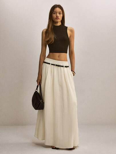 ATUI Studio Apricot Linen Elastic Waist With Black Belt Artistic Draping Skirt  Women Plain Simple Pleated Skirt, Casual Everyday Wear Summer