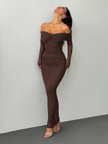 SHEIN PETITE 露肩网纱扭结褶皱连衣裙，修身剪裁，长袖，浪漫约会连衣裙，娇小身材亦可穿着 - 棕色 - 查看 7