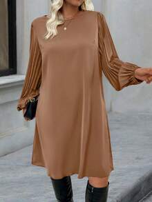 EMERY ROSE Plus Size Casual Solid Color Pleated Lantern Sleeve Dress, Autumn - Khaki - View 4