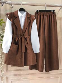 GlowEve 女士优雅教师休闲度假风纯色翻领荷叶边袖口系带外套和阔腿裤套装 - 鏽棕色 - 查看 1