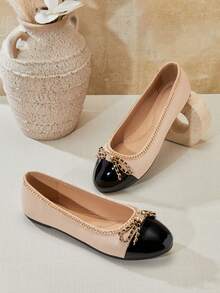 SHUZIA #LuxuryChic Women's Gold Chain Trim Contrast Nude & Black Ballet Flats – Elegant Bow Accent, French-Inspired & Timelessly Chic. - Apricot - View 7