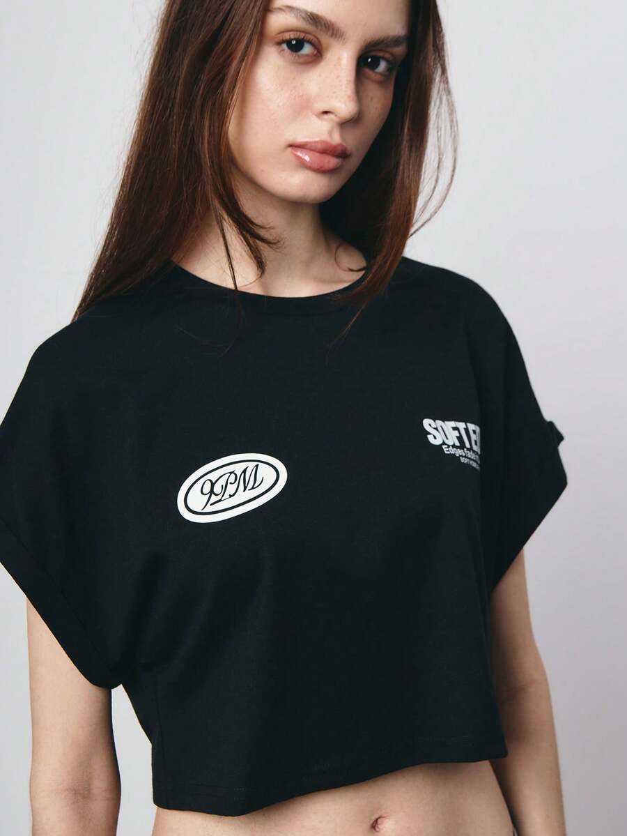 SURIMA Women's Black Knitted Crop T-Shirt Casual Round Neck Letter Print Batwing Cap Sleeves - Black - View 1