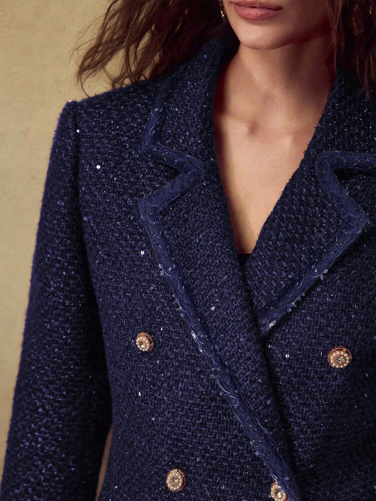 AUTUMN/WINTER FRENCH TWEED SEQUIN DETAIL LAPEL COLLAR LONG SLEEVE FITTED SHORT WOMEN'S BLAZER