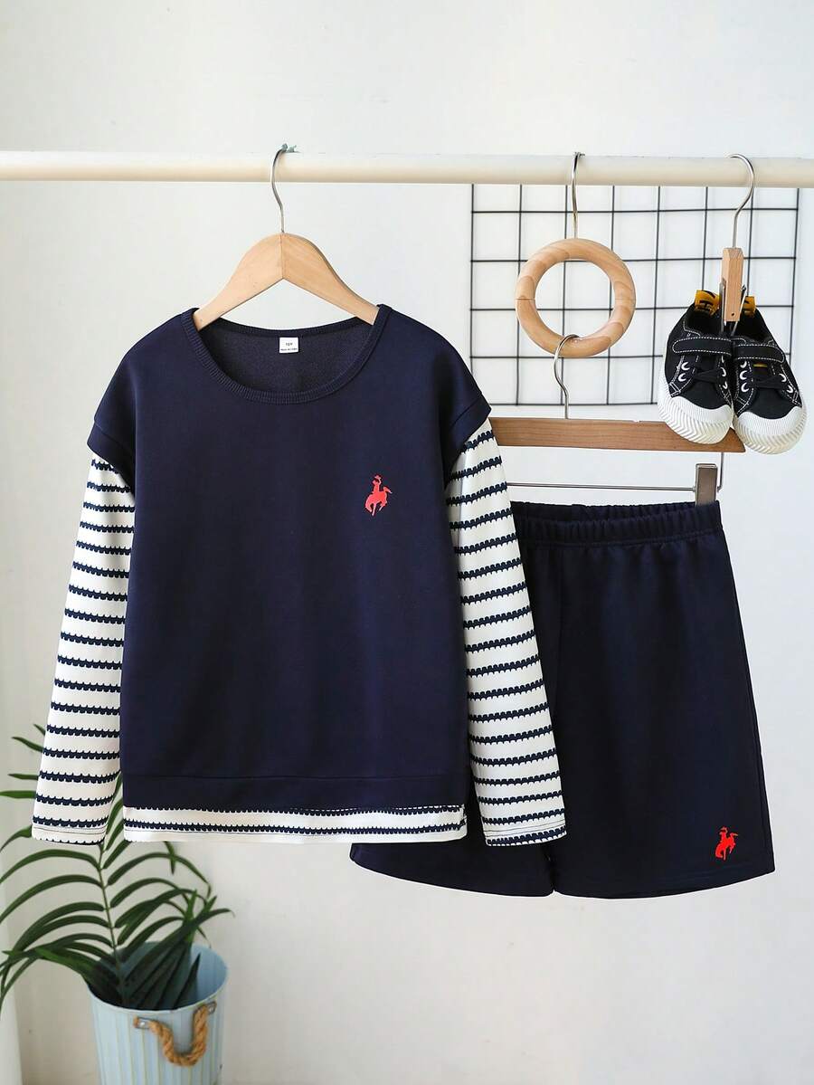 SHEIN Explorewe 2pcs/Set Tween Boys Striped Mock Layer Long Sleeve Top + Shorts,Navy Blue,Autumn,Casual,School,Back-To-School Minimalist Early Spring Travel Outfits - Navy Blue - View 1
