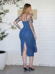 Arliah Summer Clothes /Country Concert Outfit/Country Concert/Tea Party Dress /Elegant /Concert Outfits /Casual Women Outfits/Summer Clothes /Dress Beach/Summer Clothes /Tea Party Dress /Beach Vacation Outfits/Long Sleeveless Blue Denim Dress - Blue - View 2