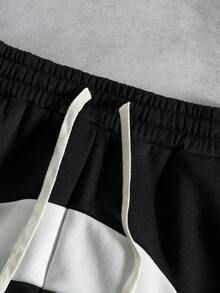 PAVTROS 男士街头时尚黑白撞色拼接连帽衫套装，男士街头服饰，宽松款。品牌：我爱我的男朋友，图案，运动撞色街头服饰套装 - 黑色 - 查看 5