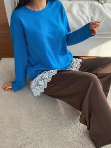 DAZY 两件套女士撞色蕾丝边宽松长袖睡衣套装 - 藍色 - 查看 4