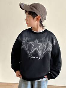 SHEIN Little Byeori Tween Boy 休闲宽松扎染星星图案圆领运动衫，适合通勤、上学、日常休闲装、运动装、秋冬