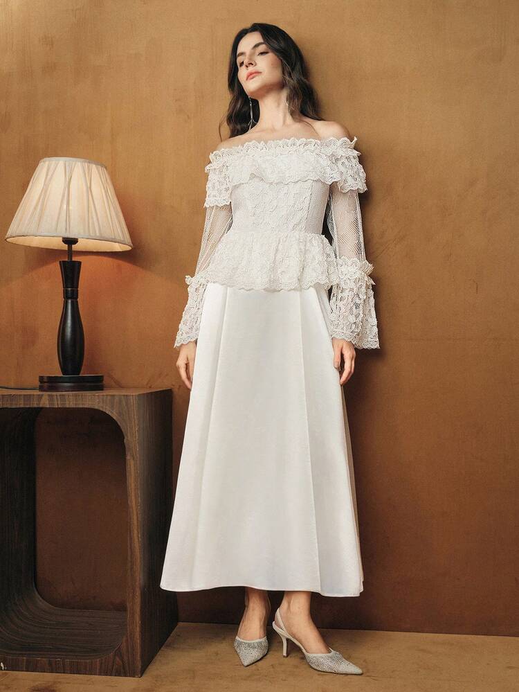 Spring Break New Arrival Elegant Off Shoulder Vintage Palace Style Floral Lace Patchwork Waist Flared Dress For Women, Spring, Valentine's Day