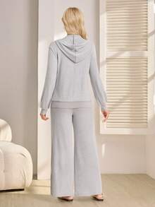 SHEIN 2pcs Maternity Set: Long Sleeve Hooded Cardigan With Front Buttons, Knit Wide Leg Pants - Grey - View 2